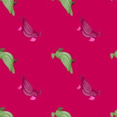 Green and purple parrot funny silhouettes semaless doodle pattern. Bright pink background. Zoo animal bird print.