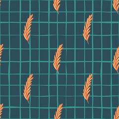 Orange ear of wheat print seamless agriculture print. Navy blue chequered background. Simple style.