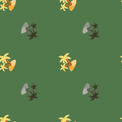 Decorative seamless hawaii pattern with doodle island and palm tree print. Green pale background. Simple style.