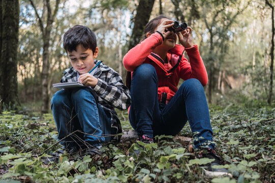 Ethnic siblings with binoculars and notebook exploring forest