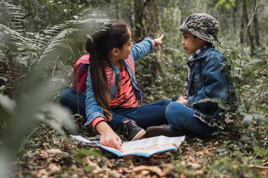 Ethnic children talking while studying plants in forest