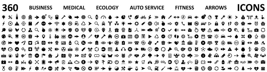 Set of icons, mega collection 360 icons. Business, fitness, medicals, sport, ecology, food, autoservice, finance, arrows. Vector.
