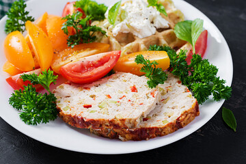 Breakfast. Chicken meatloaf and fresh salad and wafer. Healthy lunch or dinner. Healthy food.