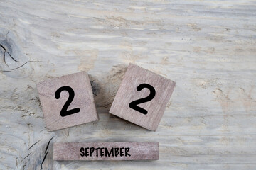 cube calendar for september on wooden background with copy space