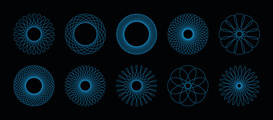 Spirograph pattern - geometric circular graphics - blue flowers - isolated vector illustration on black background.
