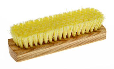 Wooden brush for clothes with yellow bristles on a white background