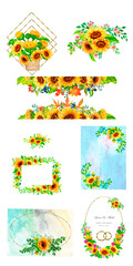 Watercolor frame sunflower autumn.Watercolor sunflowers wooden signboard , hand drawn floral illustration Card with space for text wedding, invitation, template card Golden frames and baskets.
