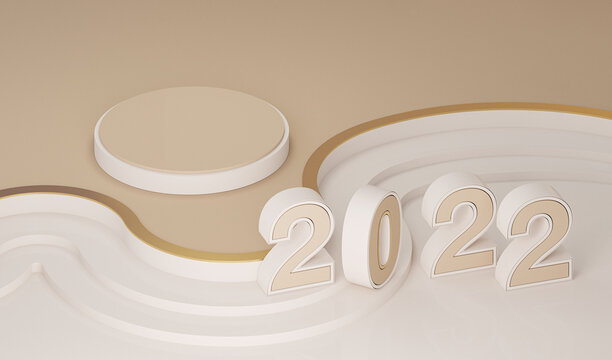 Minimal scene with podium, pastel beige and golden background. Concept of Happy New Year 2022. 3D numbers 2022 and letter text, poster, banner, cover card, brochure, studio, mockup. 3d render
