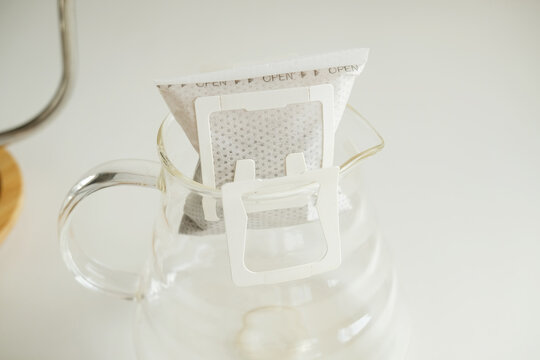 Drip bag coffee closeup. Easy simple brewing method, new trend