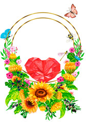 Watercolor frame sunflower autumn.Watercolor sunflowers wooden signboard , hand drawn floral illustration Card with space for text wedding, invitation, template card Golden frames and baskets.