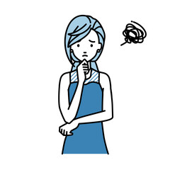 立って手をあごにあてて困っているドレスの女性