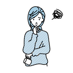 立って手をあごにあてて困っているリモートワークの女性