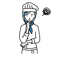 立って手をあごにあてて困っている調理師の女性