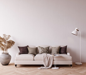 Modern mock up interior with empty white wall background and dry plants decoration 3D Rendering, 3D Illustration