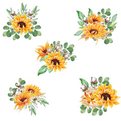 Watercolor sunflower eucalyptus, rustic fall floral bouquets, perfect to use on the web or in print