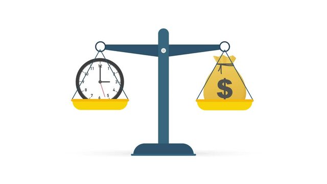 Time is money on scales icon. Money and time balance on scale. Motion graphics