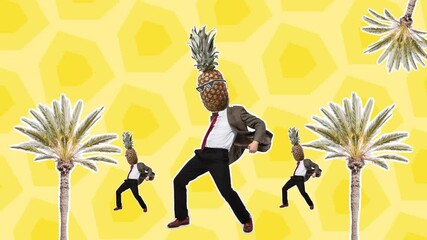 Stop motion design or art 2D animation. Dancing businessman with pineapple head. Fashion dance with color background. Funny man. Modern, conceptual, contemporary bright 4k collage. Summer time concept - Powered by Adobe