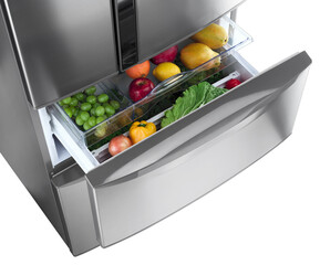 Gaveta de refrigerador aberta mostrando frutas e legumes, isolado no fundo branco