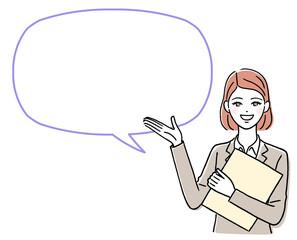 ファイルを持って説明する女性と吹き出し