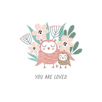 Cute hand drawn owls. Mom and baby with floral background. Cartoon vector illustration for print