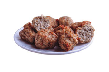 Chicken kofta meatballs mixed with ingredients of onions, garlic fresh herbs and spices mixture on white background