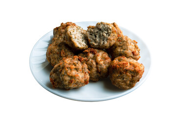 Chicken kofta meatballs mixed with ingredients of onions, garlic fresh herbs and spices mixture on white background