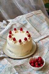 Chocolate raspberry cake with raspberry cheesecake layer. Decorated with berries. Side view