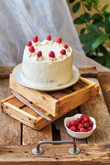 Chocolate raspberry cake with raspberry cheesecake layer. Decorated with berries. Side view