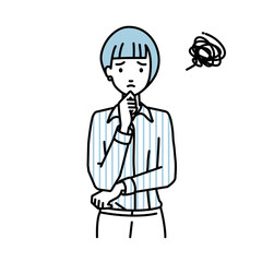 立って手をあごにあてて困っているブラウスの女性