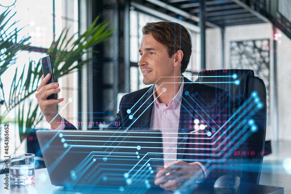 Poster businessman in suit using smart phone to optimize development by implying new technologies in busine