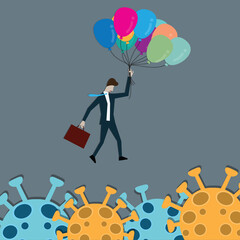 Flat design business success,Young businessman flying across the virus with balloon - vector