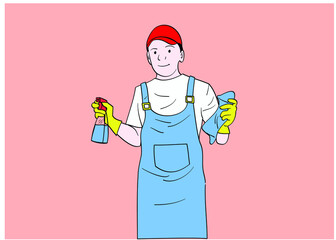 A man who is ready to clean the house. Hand drawn style vector design illustrations.