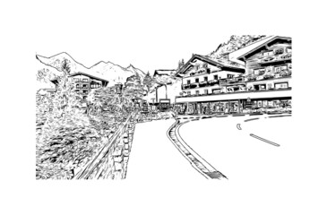 Building view with landmark of Heiligenblut  is the 
municipality in Austria. Hand drawn sketch illustration in vector.
