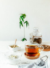 Hemp products: herb tea dry and fresh made in cup, seeds shelled and whole, yogurt with seeds,...