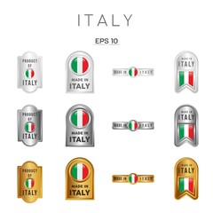 Made in Italy Label, Stamp, Badge, or Logo. With The National Flag of Italy. On platinum, gold, and silver colors. Premium and Luxury Emblem