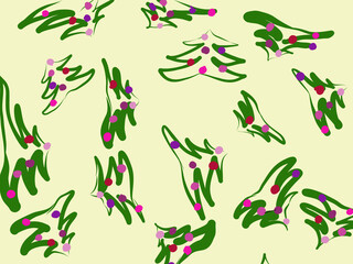 Small green Christmas trees decorated with colored Christmas toys on a light yellow background. Vector image for fabric, graphic textiles, prints, wallpapers. New Year theme.
