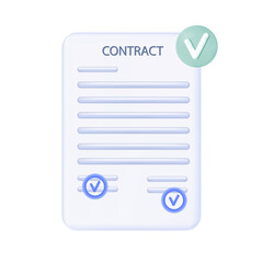 Approved contract 3d icon. Affiliate deal agreement. Certified financial paper document. Affiliate deal, business services, contract page, treaty. Registration legal form with a seal, stamp. Vector