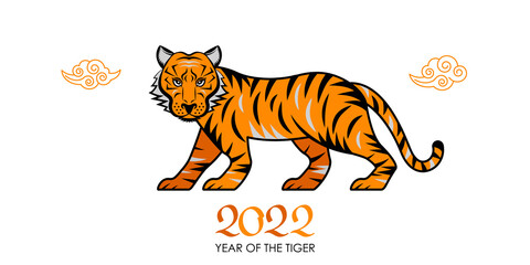 Chinese new year 2022 year of the tiger. Striped tiger and tiger numbers in retro style