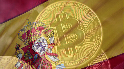 Moneda de Bitcoin fusionada con bandera de España   podría ser que en un futuro sucumban y  ...