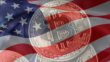 Moneda de Bitcoin fusionada con bandera de USA  podría ser que en un futuro sucumban y   acaben...