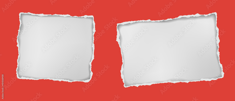 Poster red square, oblong hole composition in paper with torn edges and soft shadow is on white squared bac