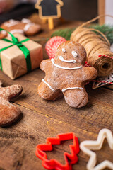 gingerbread christmas cookies sweet new year treat dessert gingerbread man cinnamon, vanilla fresh portion ready to eat meal snack on the table copy space food background rustic. top view