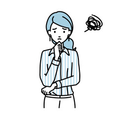立って手をあごにあてて困っているブラウスの女性