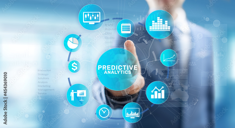 Poster predictive analytics big data analysis business intelligence internet and modern technology concept 
