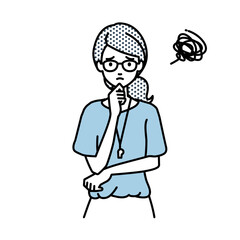 立って手をあごにあてて困っている教師の女性