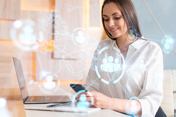 Attractive businesswoman in white shirt using smart phone to check new candidates for international business consulting. HR, social media icons over modern office background.