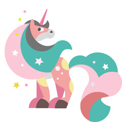 The brightly colored unicorn stands on floor, its pretty long tail on light blue background.