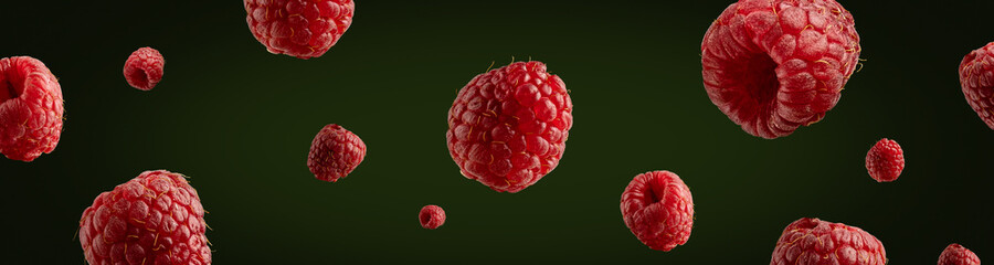 Food levitation. Banner. Fresh ripe raspberries flying in the air isolated on black background