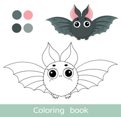 Bat coloring book page. Halloween bat background. Animal coloring page isolated contour. Happy Halloween character cute bat coloring book. Worksheet. Kids activity game. Halloween characters.