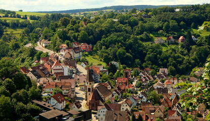 Panorama vom Ortskern von Wildberg im Schwarzwald mit Wald und Wiesen in bergiger Landschaft